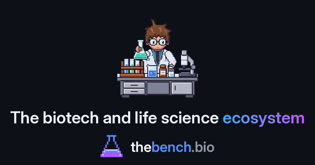 A thebench.bio card: the lab assistant above the line The biotech and life science ecosystem, and the logo
